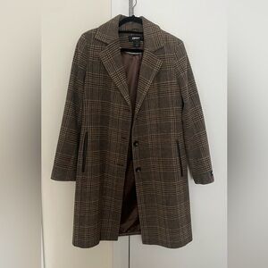 DKNY Brown Checkered Long Coat